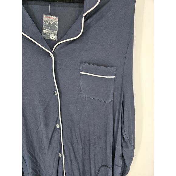 Feel Good Store Women Long Sleeve Navy Pocket Collared V-neck Sleepwear Size 0XL - Picture 2 of 4